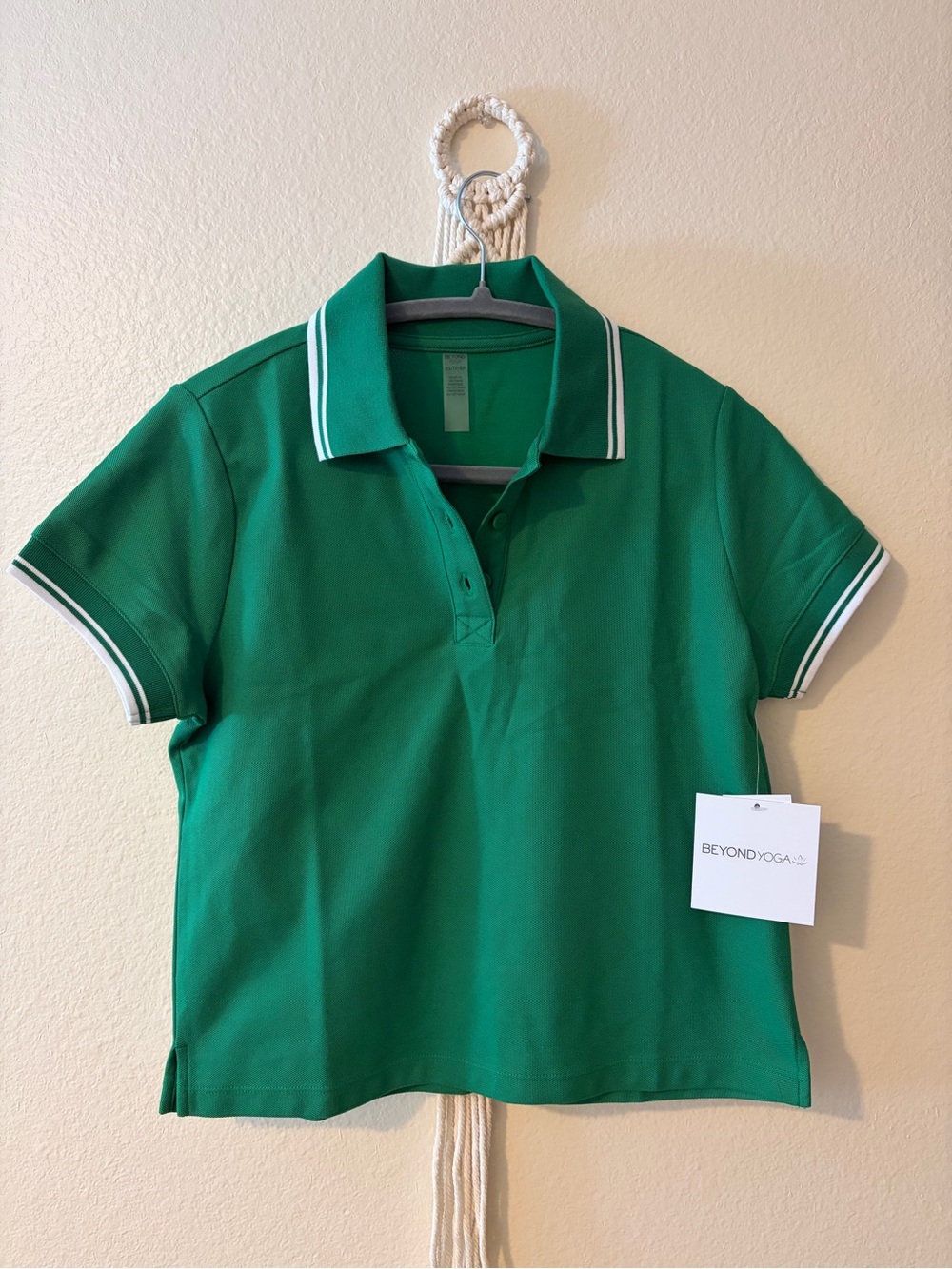 Beyond Yoga Emerald Green Short Sleeve Polo with White Stripe Trim